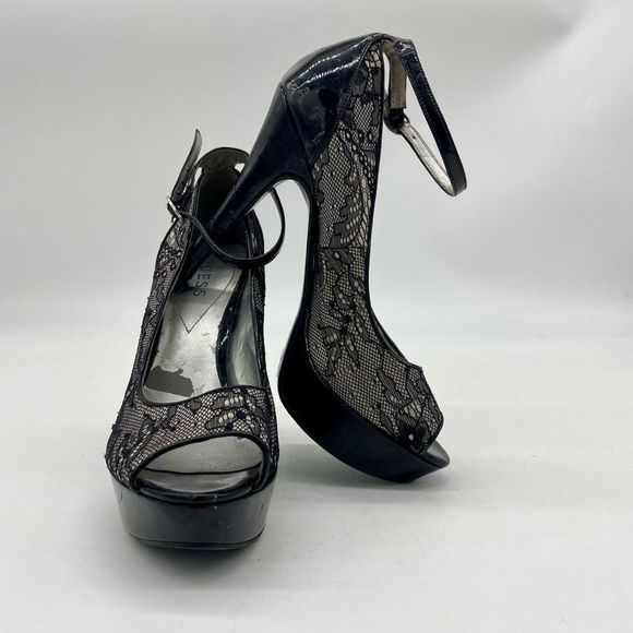 Guess Black And White Lace Platform Stilettos With Ankle Straps Size 7.5 - Picture 5 of 10